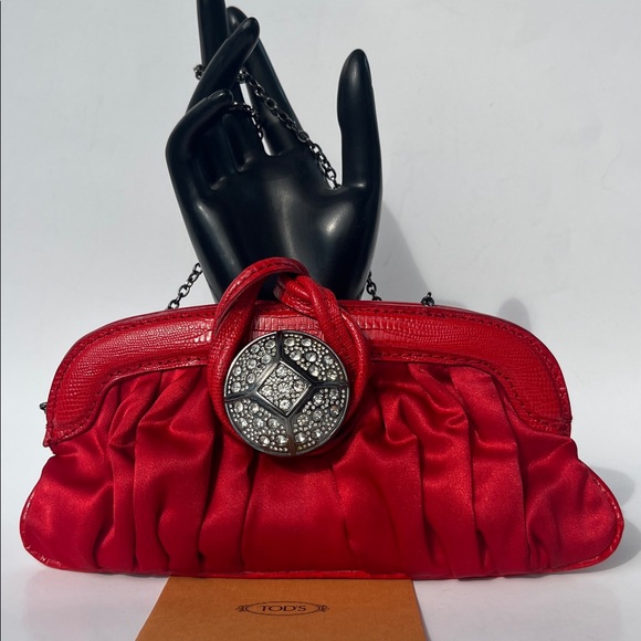 Authentic Tod's “Marlene” Clutch ~ in Red Satin - Picture 1 of 16